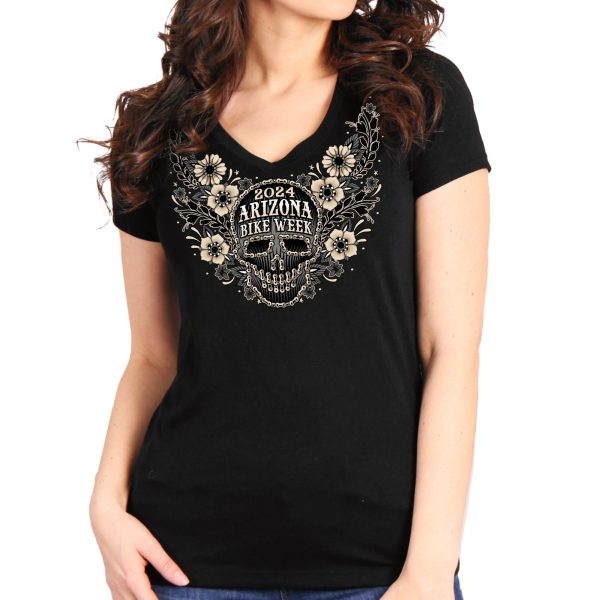 2024 Arizona Bike Week Sugar Skull Chain Ladies T-Shirt AZL1454 Online Hot Sale